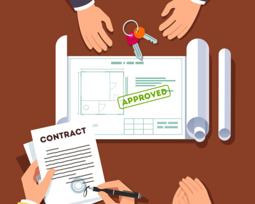 Hands signing house or apartment renovation contract. Real estate agent giving key chain and showing approved floor plan. Top view modern flat style vector illustration.
